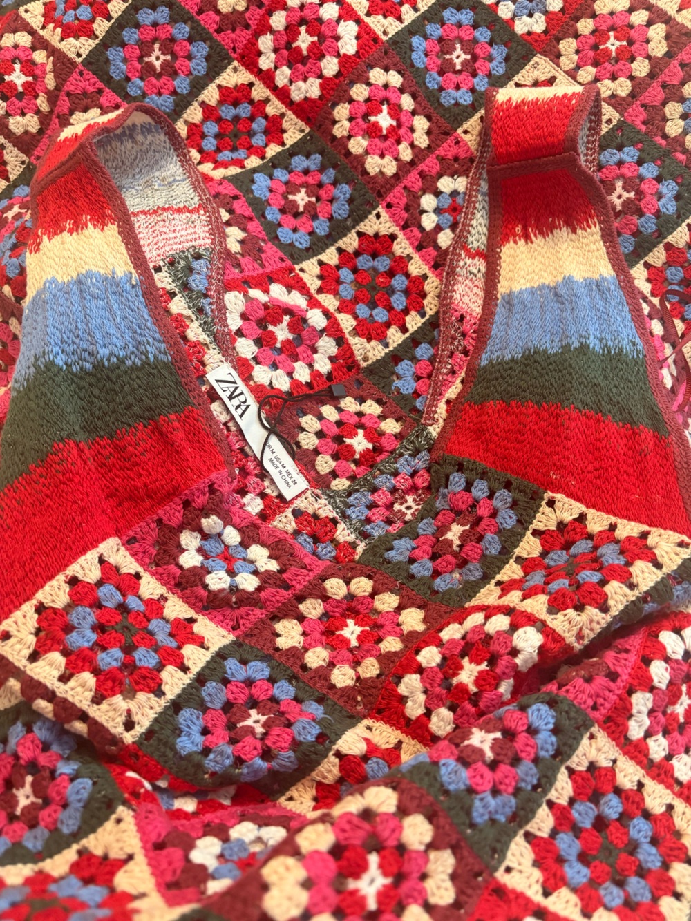 ZARA Patchwork Crochet Granny Square Midi Dress V-Neck Multicolor Size M - Picture 5 of 5